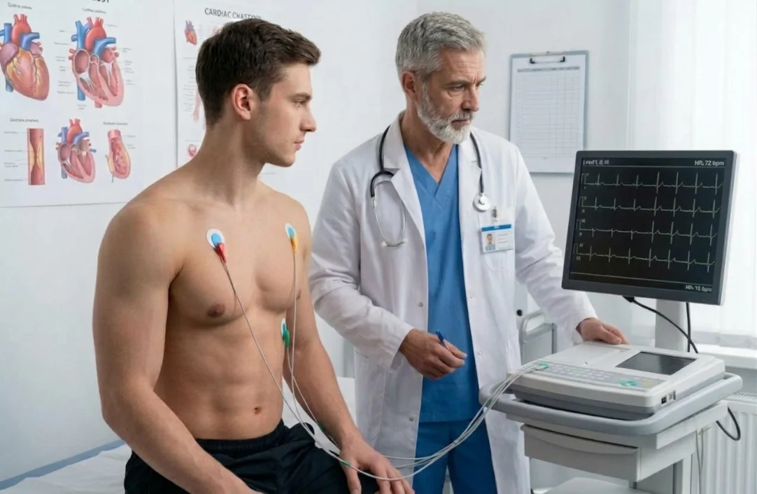 Atleta con electrodos en el pecho durante un chequeo cardiaco